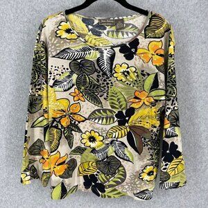 Jane Ashley Womens Floral Sequin Top Size L Tan Yellow Green Casual 3/4 Sleeve